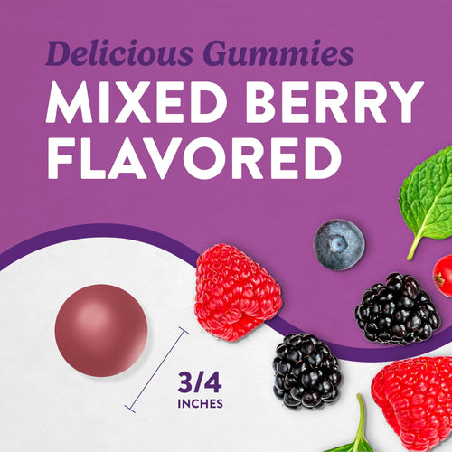 NT Melatonin 1 mg, 60 delicious gummies, mixed berry flavored with blueberries, raspberries, and blackberries, 3/4 inch each.