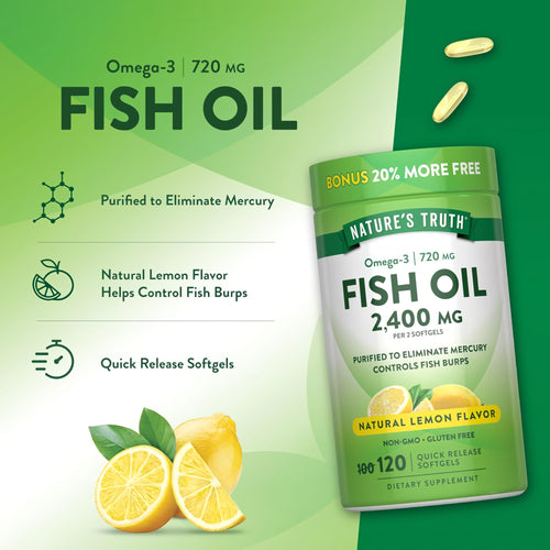 Nature's Truth Omega-3 Fish Oil 2400 mg with natural lemon flavor, includes 120 quick release softgels and 20% more free.