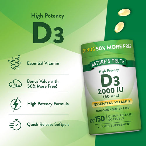 Nature's Truth High Potency D3 2,000 IU (50 mcg) 150 Quick Release Softgels with 50% more free.