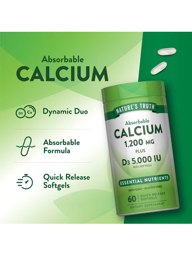 Product highlights graphic stating Absorbable Calcium, Dynamic Duo, Absorbable Formula, Quick Release Softgels.