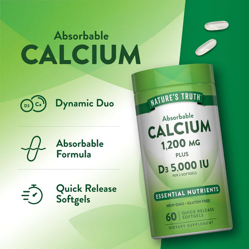 Product highlights graphic stating Absorbable Calcium, Dynamic Duo, Absorbable Formula, Quick Release Softgels.