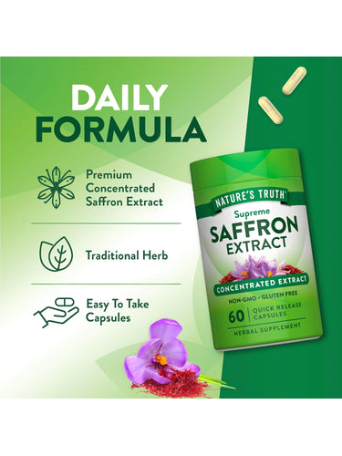 Product highlights graphic stating Premium Concentrated Saffron Extract, Traditional Herb, Easy To Take Capsules.
