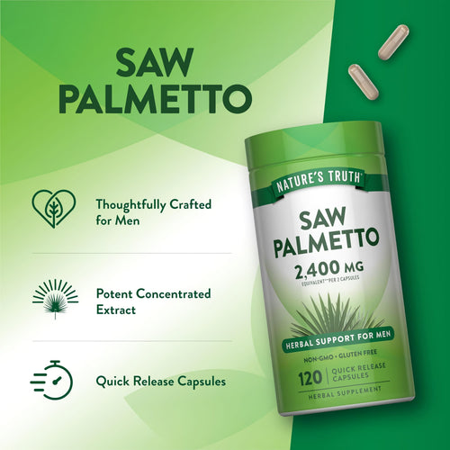 Nature's Truth Saw Palmetto 2400 mg, 120 Capsules. Herbal support for men. Non-GMO, gluten-free, quick release.