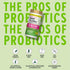 Probiotic bottle with icons indicating vegan, gluten-free, dairy-free, soy-free, no artificial additives, and no refrigeration needed.