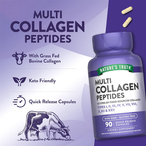 Multi Collagen Peptides in a bottle with 90 quick release capsules shown on the label, ideal for joint, skin, and bone health.
