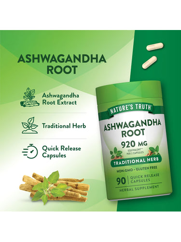 Ashwagandha Root supplement, 920 mg equivalent per serving, contains 90 quick-release capsules.