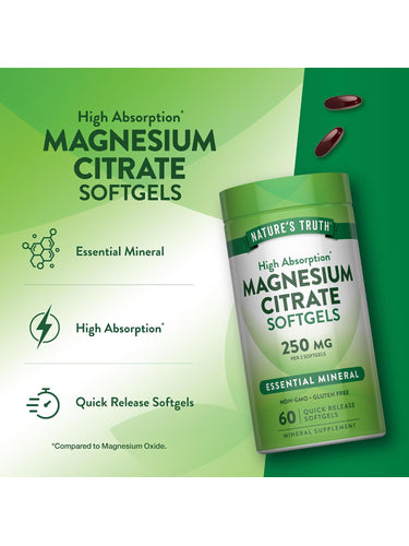 Product highlights graphic stating Essential Mineral, High Absorption* (*Compared to Magnesium Oxide), Quick Release Softgels.