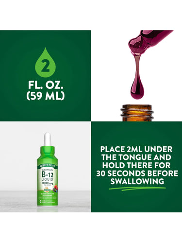 NT B-12 10,000 mcg Liquid, 2 fl oz (59 ml). Directions: Place 2 ml under your tongue, hold for 30 seconds, then swallow.