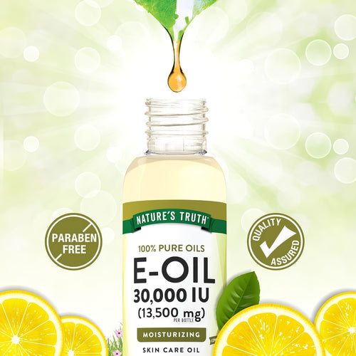 Nature's Truth E-Oil 30,000 IU (13,500 mg) bottle for moisturizing skin care. Paraben free and quality assured.