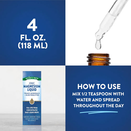 Liquid Magnesium 4 fl oz (118 mL) box with dropper. Instructions: Mix 1/2 tsp with water and consume throughout the day.