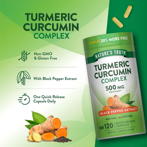 Nature's Truth Turmeric Curcumin Complex with Black Pepper Extract, 120 Quick Release Capsules, 500 MG, Non-GMO, Gluten Free.
