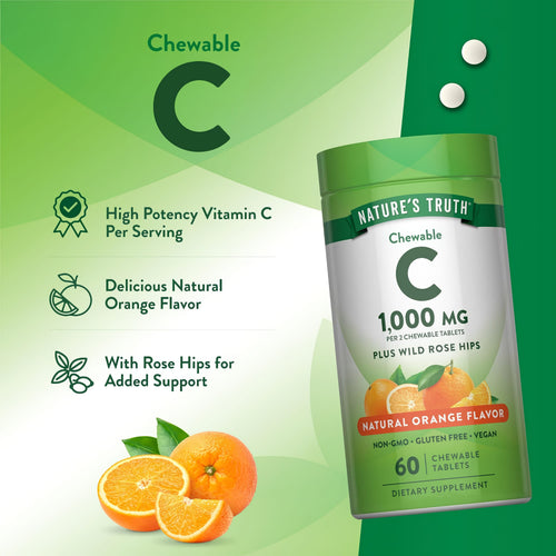 Nature's Truth Chewable C 1000 mg with Wild Rose Hips offers a natural orange flavor in 60 chewable tablets.
