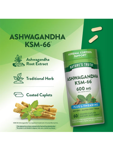 Nature's Truth Ashwagandha KSM-66 600 MG Plus L-Theanine includes 60 coated caplets with Ashwagandha Root Extract.