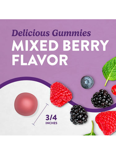 A round pinkish-red gummy, 3/4 inches in diameter, with text: Delicious Gummies MIXED BERRY FLAVOR.