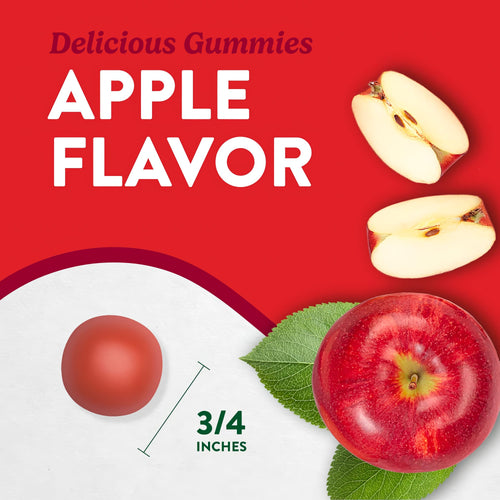 Apple Cider Vinegar Gummies, 3/4 inches, labeled 'Delicious Gummies APPLE FLAVOR', with whole and sliced red apples.