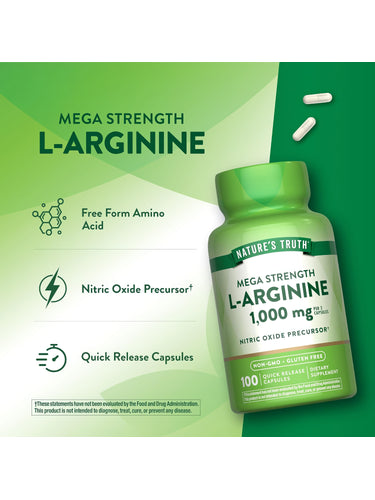Product highlights graphic stating Mega Strength L-Arginine, Free Form Amino Acid, Nitric Oxide Precursor†, Quick Release Capsules.