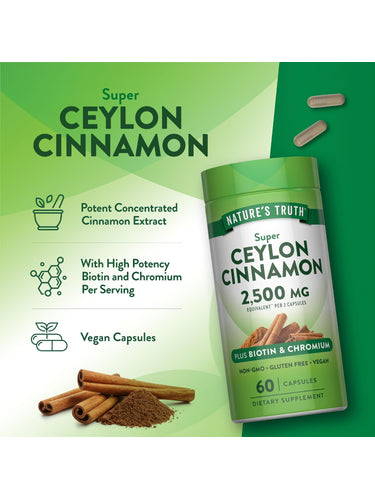 Product highlights graphic stating Potent Concentrated Cinnamon Extract, High Potency Biotin and Chromium per Serving, Vegan Capsules.