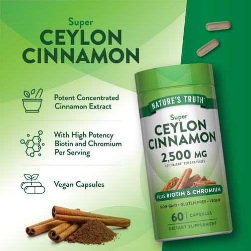 Product highlights graphic stating Potent Concentrated Cinnamon Extract, High Potency Biotin and Chromium per Serving, Vegan Capsules.