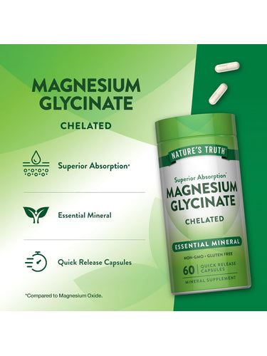 Product highlights graphic stating Superior Absorption*, Essential Mineral, Quick Release Capsules. Note: *Compared to Magnesium Oxide.