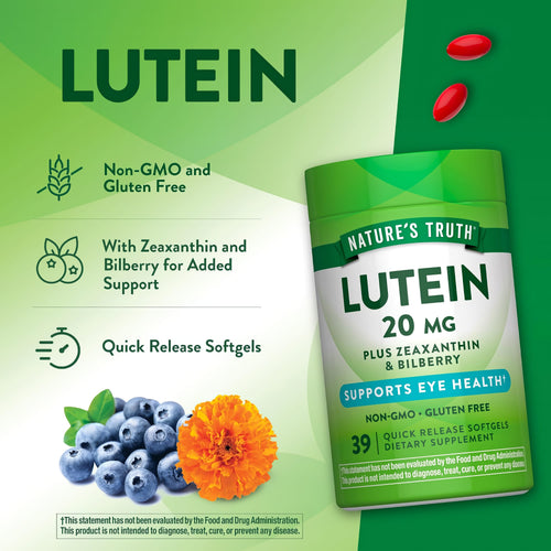 Nature's Truth Lutein 20 mg with Zeaxanthin and Bilberry: 39 quick release softgels. Non-GMO, gluten free. Supports eye health.