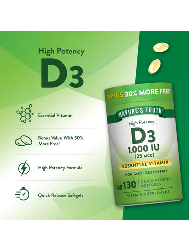 High Potency D3 1,000 IU (25 mcg) 130 Quick Release Softgels, Bonus 30% More Free; non-GMO, gluten-free.