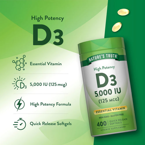 Product highlights graphic stating Essential Vitamin, 5,000 IU (125 mcg), High Potency Formula, Quick Release Softgels.