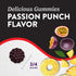 A 3/4-inch gummy with Passion Punch flavor, featuring passion fruit and pineapple images.