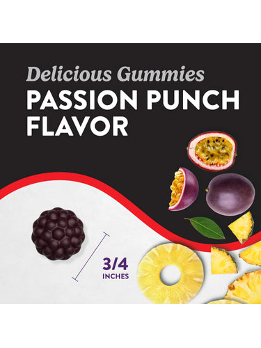 A 3/4-inch gummy with Passion Punch flavor, featuring passion fruit and pineapple images.