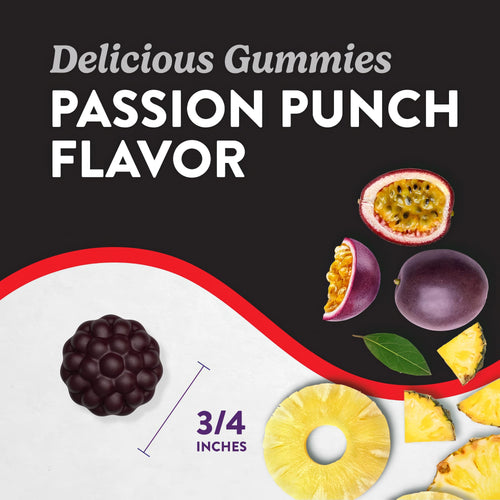 A 3/4-inch gummy with Passion Punch flavor, featuring passion fruit and pineapple images.