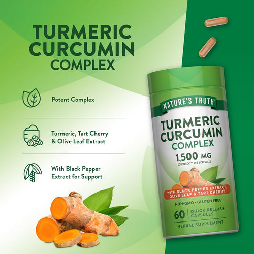 Product highlights graphic stating Potent Complex, Turmeric, Tart Cherry, Olive Leaf, with Black Pepper Extract for Support.