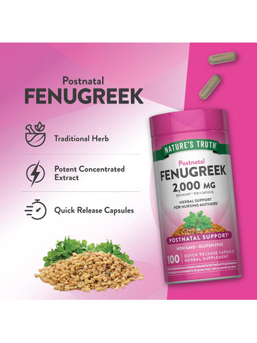 Nature's Truth Postnatal Fenugreek 2,000 MG (2 caps) offers herbal support for nursing mothers with 100 quick release capsules.