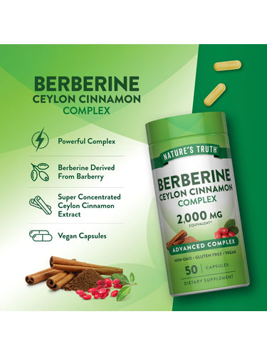 Product highlights graphic stating Powerful Complex, Berberine from Barberry, Super Concentrated Ceylon Cinnamon Extract, Vegan Capsules.