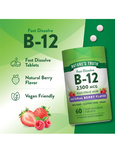 Fast Dissolve B-12, 2500 MCG with Folic Acid. Natural berry flavor; 60 tablets. Non-GMO, gluten-free, vegan formula.