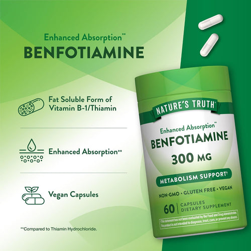 Product highlights graphic stating Fat Soluble Form of Vitamin B-1/Thiamin, Enhanced Absorption**, Vegan Capsules.