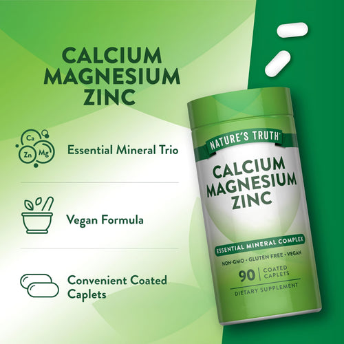 Product highlights graphic stating Essential Mineral Trio, Vegan Formula, and Convenient Coated Caplets.