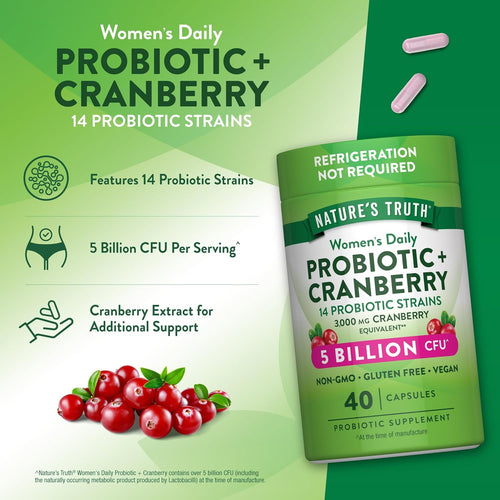 Women's Daily Probiotic + Cranberry: 40 capsules, 14 strains, 5 Billion CFU, Non-GMO, gluten-free, and vegan supplement.