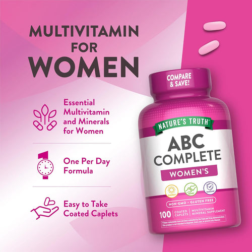 ABC Complete Women's Multivitamin Mineral Supplement, 100 caplets, shown with two pink caplets.