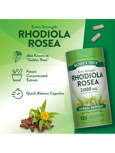 Extra Strength Rhodiola Rosea 2,000 mg equivalent, 120 quick release capsules, herbal supplement.