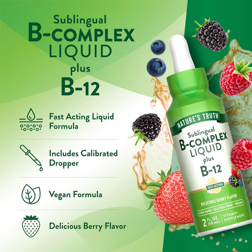 Product highlights graphic stating Fast Acting Liquid Formula, Includes Calibrated Dropper, Vegan Formula, Delicious Berry Flavor