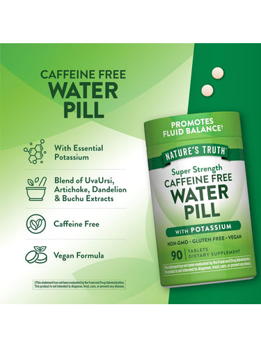 Product highlights graphic stating features like essential potassium, vegan formula, plus UvaUrsi, artichoke, and dandelion extracts.
