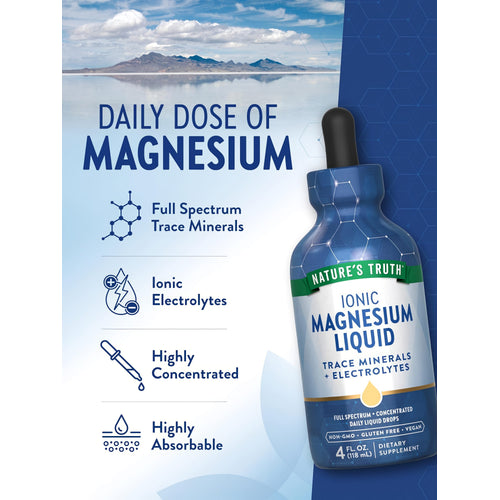 Product highlights graphic stating Full Spectrum Trace Minerals, Ionic Electrolytes, Highly Concentrated, Highly Absorbable.