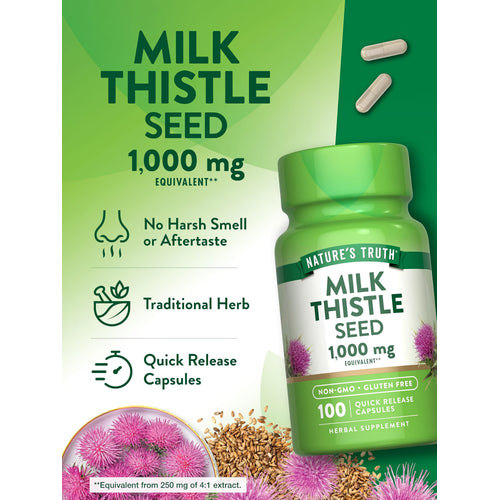Nature's Truth Milk Thistle 1,000 mg Equivalent, 100 Quick Release Capsules. Non-GMO, Gluten Free, with no harsh smell.