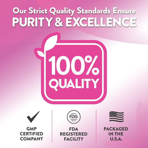 Infographic showing 100% quality with GMP Certified, FDA Registered Facility, packaged in the USA, ensuring purity and excellence.