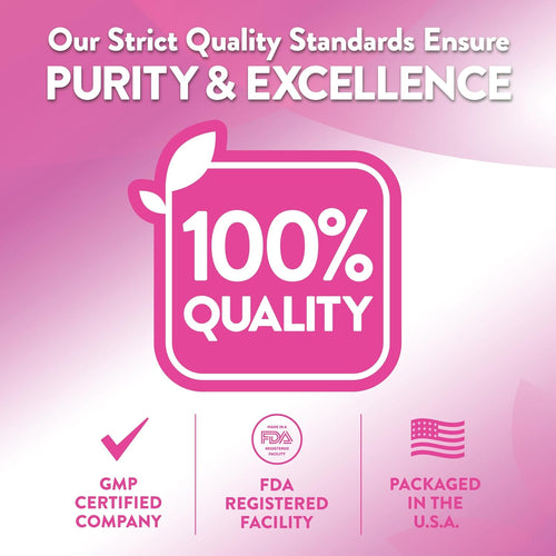 Infographic highlighting purity, excellence, 100% quality, GMP certified company, FDA registered facility, packaged in the USA.