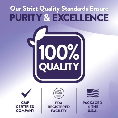 Infographic showing: 100% Quality, GMP Certified Company, FDA Registered Facility, Packaged in the U.S.A.