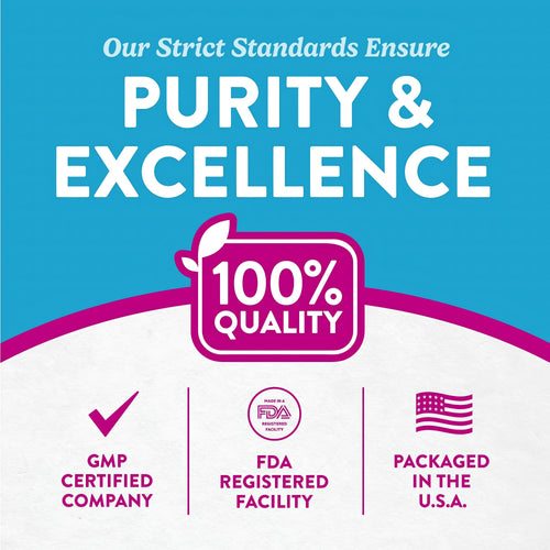 Infographic: Our strict standards ensure purity and excellence, 100% quality, GMP certified company, FDA registered facility, USA packaged.