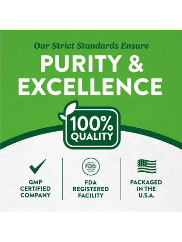 Infographic states: Strict Purity & Excellence standards, 100% QUALITY, GMP CERTIFIED COMPANY, FDA REGISTERED FACILITY, PACKAGED IN USA.