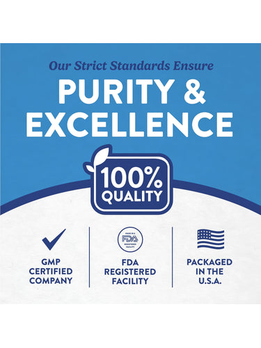 Infographic showing strict standards ensure purity and excellence, 100% quality, GMP certified company, FDA registered, US packaged.