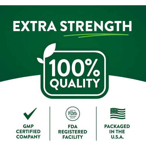 Infographic stating extra strength, 100% quality, GMP certified company, FDA registered facility, packaged in the USA.