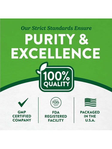 Infographic highlighting purity and excellence, 100% quality, GMP certified, FDA registered facility, packaged in the USA.